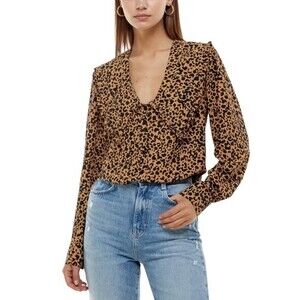 NWT WAYF Top Esther Collar Cheetah Print Blouse Ruffled Pointed Collar Size XS